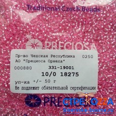 18275 Бисер Чехия круглый 10/0, розовый "огонек",  1-я категория, 50гр