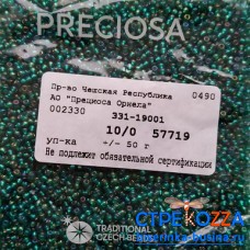 57719 Бисер Чехия круглый 10/0, изумрудно-зеленый огонек, 1-я категория, 50гр